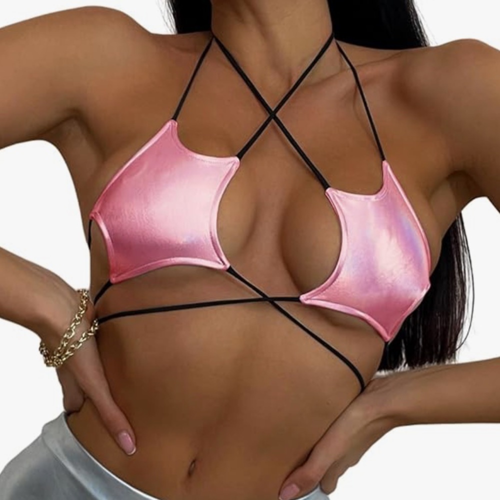 Shimmery pink star bra crop top strap bikini strappy festival rave club beach OS